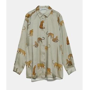 Zara Tiger Satin Button Up Blouse